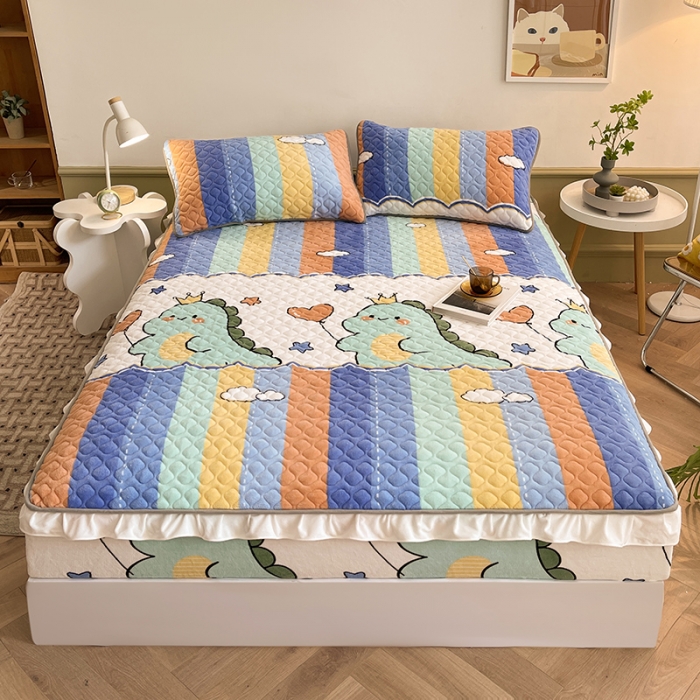 91家纺网 家纺一手货源 找家纺 澳梵家居 2022新款牛奶绒花边床笠三件套 恐龙嘟嘟