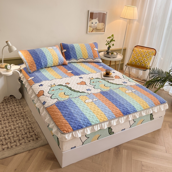 91家纺网 家纺一手货源 找家纺 澳梵家居 2022新款牛奶绒花边床笠三件套 恐龙嘟嘟