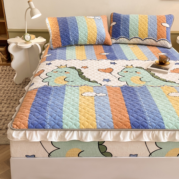 91家纺网 家纺一手货源 找家纺 澳梵家居 2022新款牛奶绒花边床笠三件套 恐龙嘟嘟