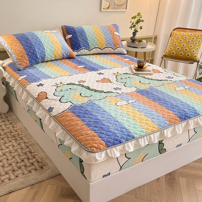 91家纺网 家纺一手货源 找家纺 澳梵家居 2022新款牛奶绒花边床笠三件套 恐龙嘟嘟