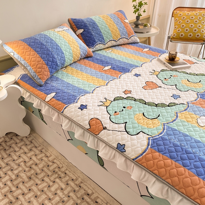 91家纺网 家纺一手货源 找家纺 澳梵家居 2022新款牛奶绒花边床笠三件套 恐龙嘟嘟