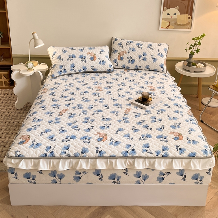 91家纺网 家纺一手货源 找家纺 澳梵家居 2022新款牛奶绒花边床笠三件套 息兰兔