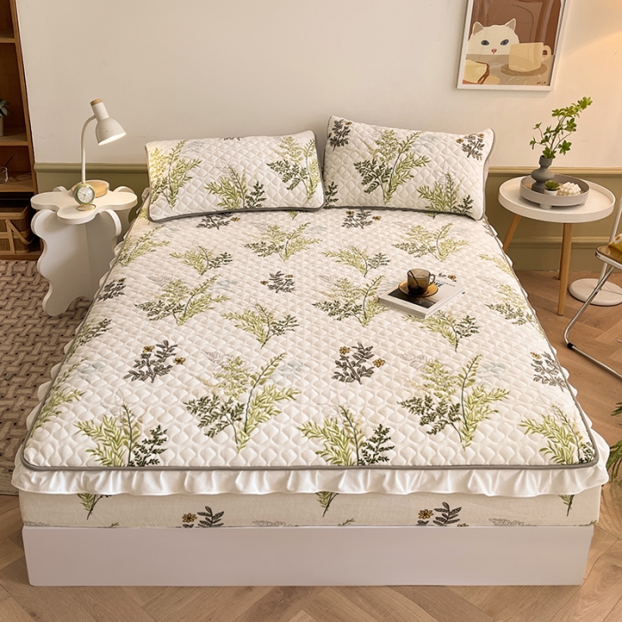 91家纺网 家纺一手货源 找家纺 澳梵家居 2022新款牛奶绒花边床笠三件套 仙草