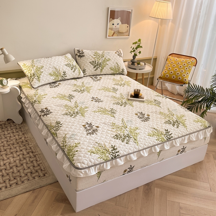 91家纺网 家纺一手货源 找家纺 澳梵家居 2022新款牛奶绒花边床笠三件套 仙草