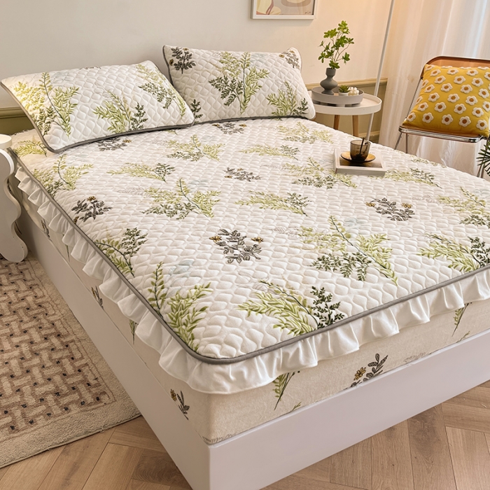 91家纺网 家纺一手货源 找家纺 澳梵家居 2022新款牛奶绒花边床笠三件套 仙草