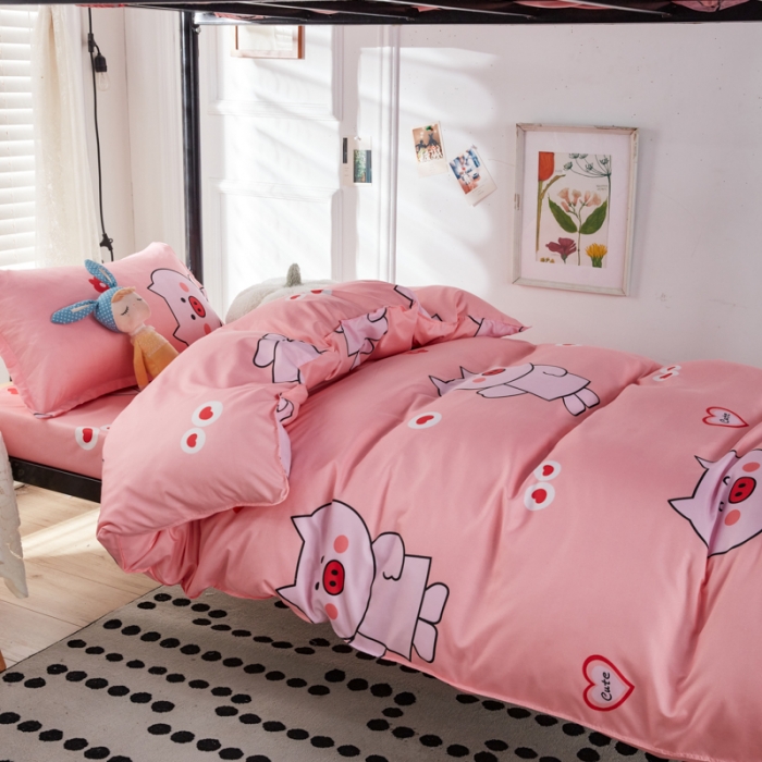 91家纺网 家纺一手货源 找家纺 乐居坊 2022新款芦荟棉上下铺学生床三件套四件套 粉粉猪