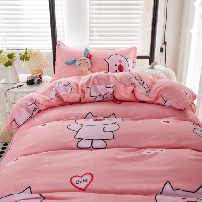 91家纺网 家纺一手货源 找家纺 乐居坊 2022新款芦荟棉上下铺学生床三件套四件套 粉粉猪