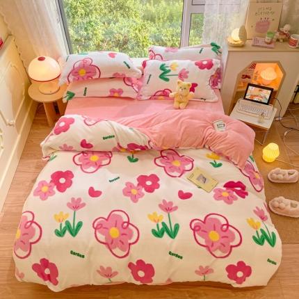 花伞 2024新款加厚牛奶绒保暖四件套 苏佩里花园粉