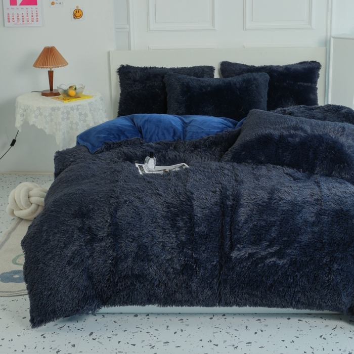 91家纺网 家纺一手货源 找家纺 邦妮家纺 2024新款云貂绒纯色四件套 宝蓝