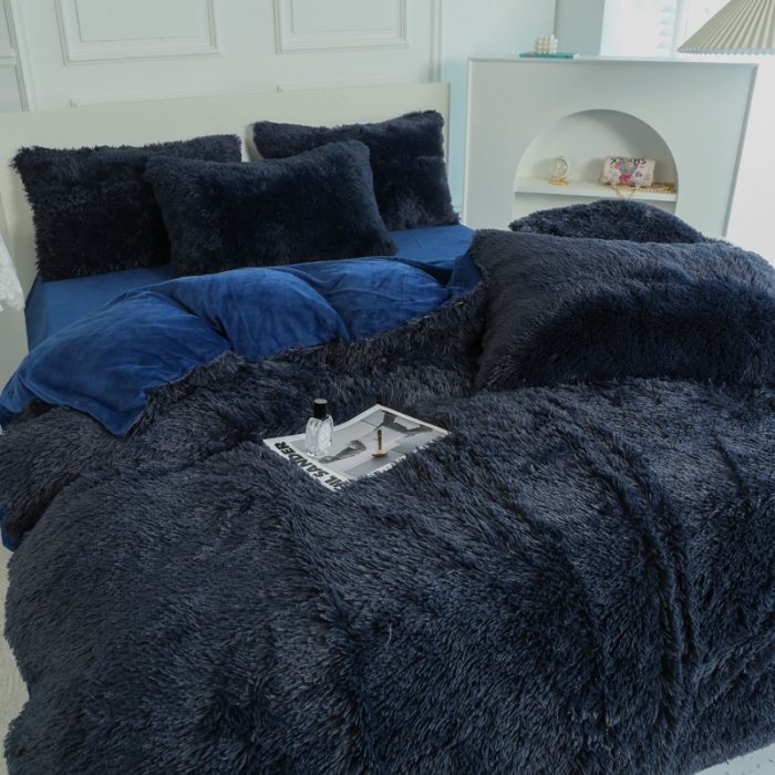 91家纺网 家纺一手货源 找家纺 邦妮家纺 2024新款云貂绒纯色四件套 宝蓝