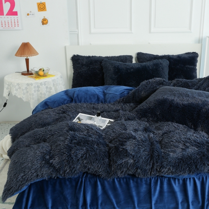 91家纺网 家纺一手货源 找家纺 邦妮家纺 2024新款云貂绒纯色四件套 宝蓝