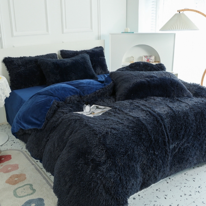 91家纺网 家纺一手货源 找家纺 邦妮家纺 2024新款云貂绒纯色四件套 宝蓝