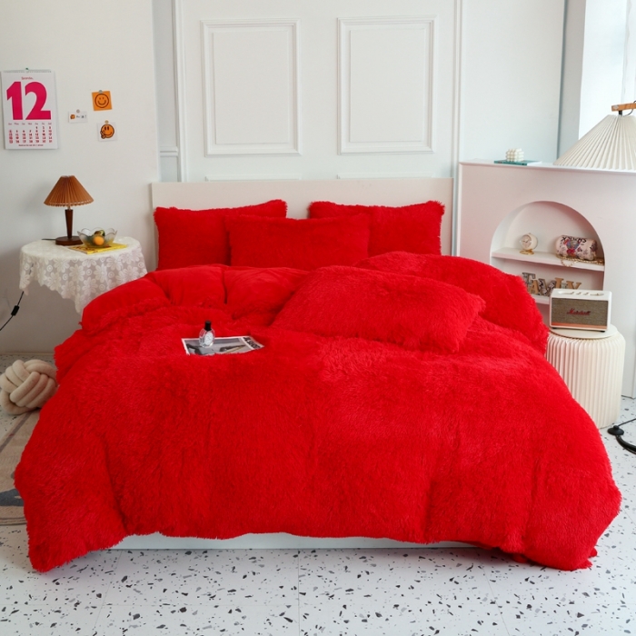 91家纺网 家纺一手货源 找家纺 邦妮家纺 2024新款云貂绒纯色四件套 大红