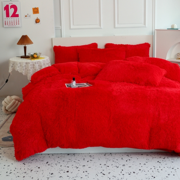 91家纺网 家纺一手货源 找家纺 邦妮家纺 2024新款云貂绒纯色四件套 大红