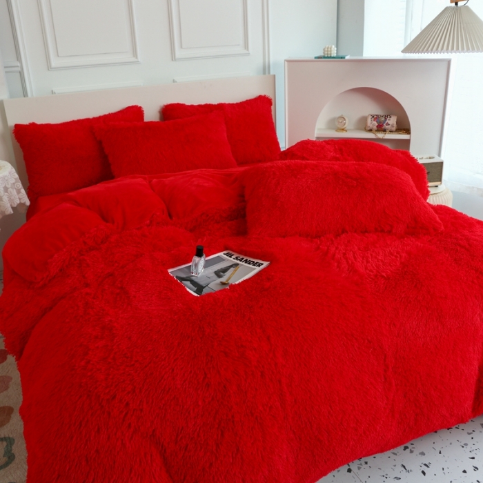 91家纺网 家纺一手货源 找家纺 邦妮家纺 2024新款云貂绒纯色四件套 大红