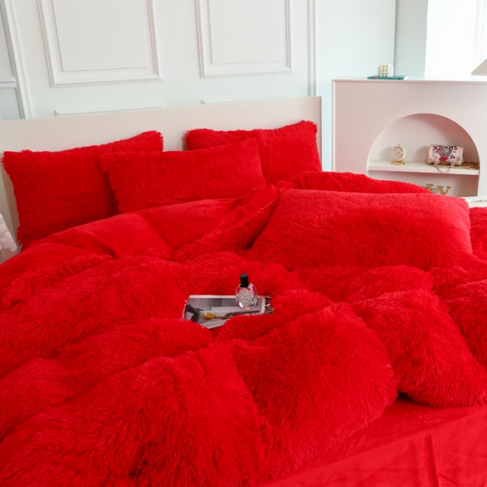91家纺网 家纺一手货源 找家纺 邦妮家纺 2024新款云貂绒纯色四件套 大红