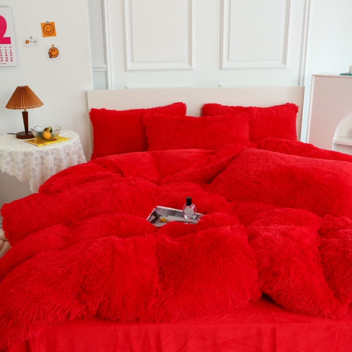 91家纺网 家纺一手货源 找家纺 邦妮家纺 2024新款云貂绒纯色四件套 大红