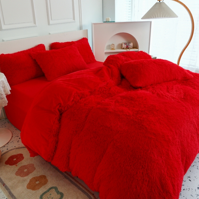 91家纺网 家纺一手货源 找家纺 邦妮家纺 2024新款云貂绒纯色四件套 大红