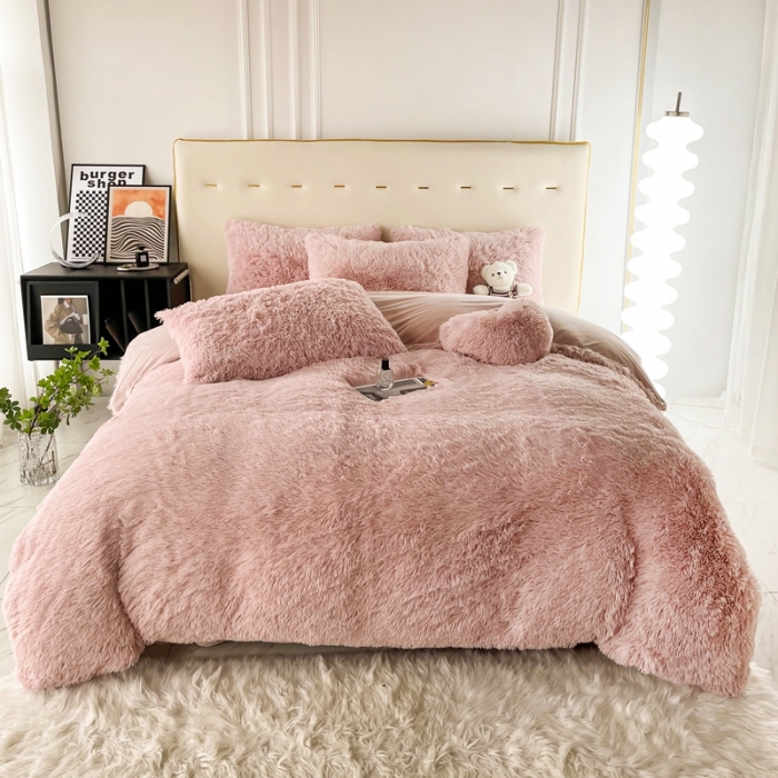 91家纺网 家纺一手货源 找家纺 邦妮家纺 2024新款云貂绒纯色四件套 豆沙