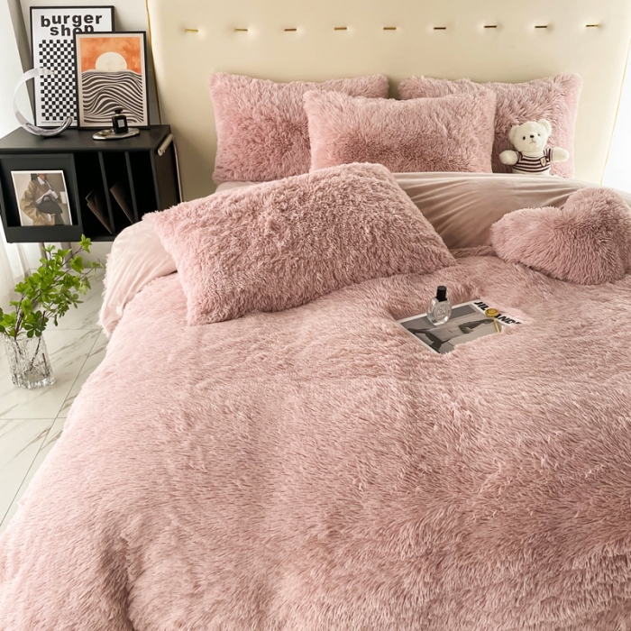 91家纺网 家纺一手货源 找家纺 邦妮家纺 2024新款云貂绒纯色四件套 豆沙