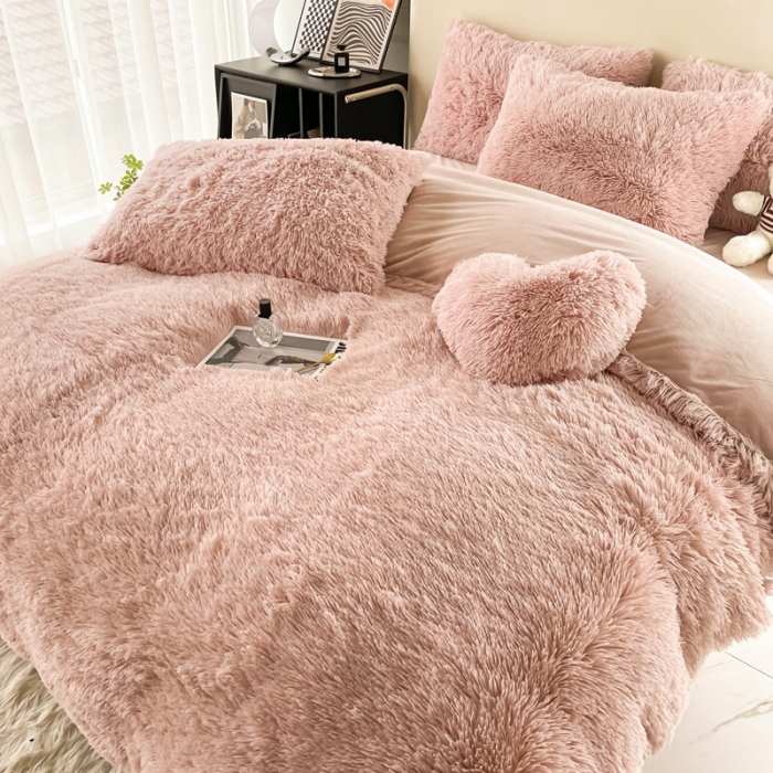 91家纺网 家纺一手货源 找家纺 邦妮家纺 2024新款云貂绒纯色四件套 豆沙