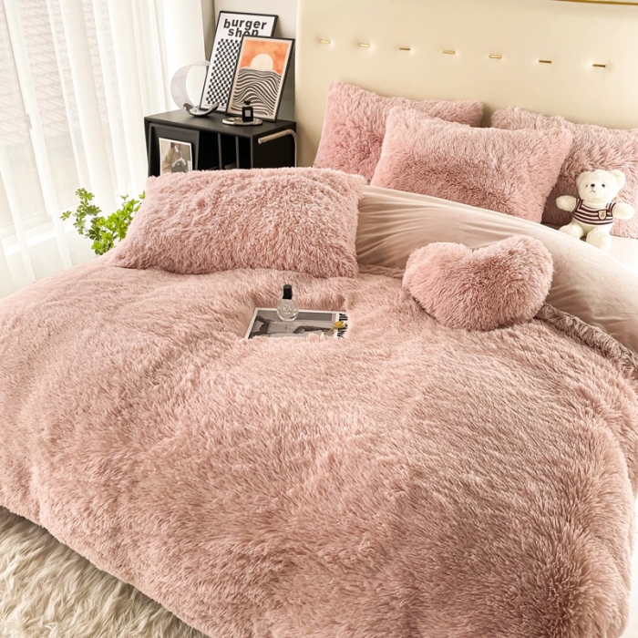 91家纺网 家纺一手货源 找家纺 邦妮家纺 2024新款云貂绒纯色四件套 豆沙