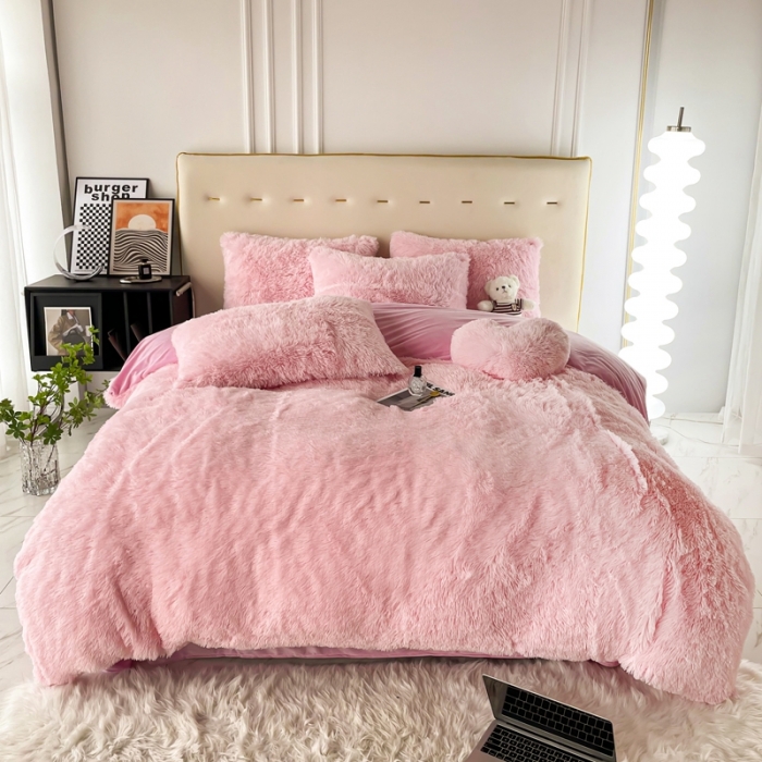 91家纺网 家纺一手货源 找家纺 邦妮家纺 2024新款云貂绒纯色四件套 粉色