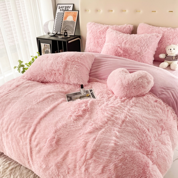 91家纺网 家纺一手货源 找家纺 邦妮家纺 2024新款云貂绒纯色四件套 粉色