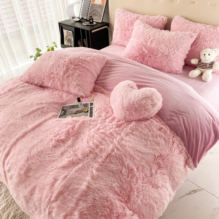 91家纺网 家纺一手货源 找家纺 邦妮家纺 2024新款云貂绒纯色四件套 粉色