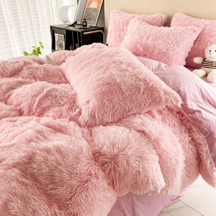 91家纺网 家纺一手货源 找家纺 邦妮家纺 2024新款云貂绒纯色四件套 粉色