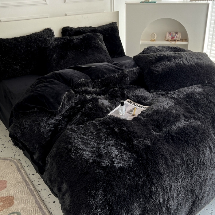 91家纺网 家纺一手货源 找家纺 邦妮家纺 2024新款云貂绒纯色四件套 黑色
