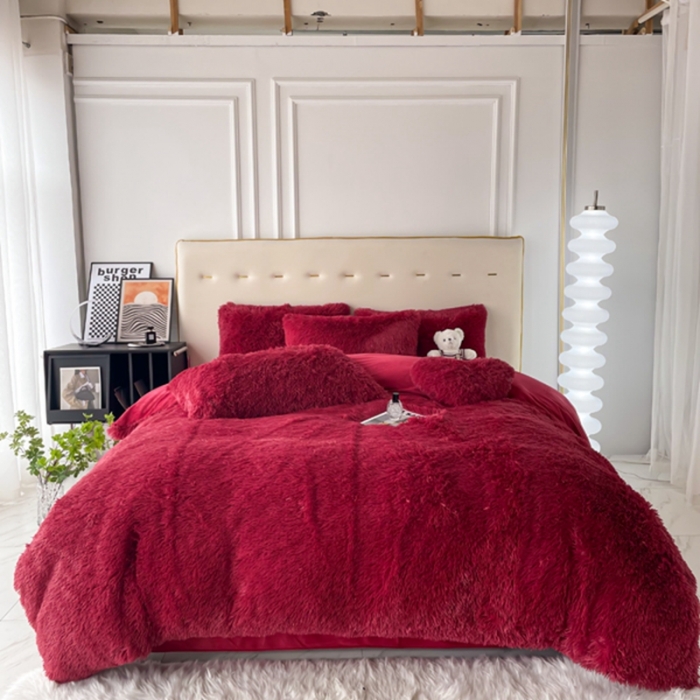 91家纺网 家纺一手货源 找家纺 邦妮家纺 2024新款云貂绒纯色四件套 红色