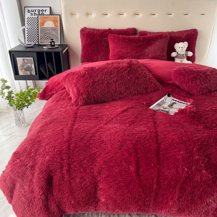 91家纺网 家纺一手货源 找家纺 邦妮家纺 2024新款云貂绒纯色四件套 红色