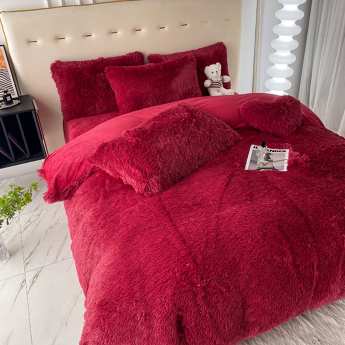 91家纺网 家纺一手货源 找家纺 邦妮家纺 2024新款云貂绒纯色四件套 红色