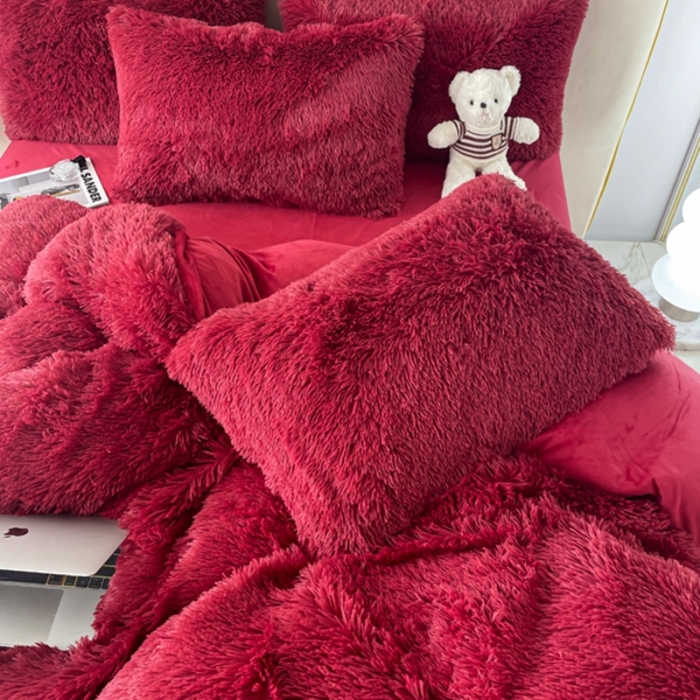 91家纺网 家纺一手货源 找家纺 邦妮家纺 2024新款云貂绒纯色四件套 红色