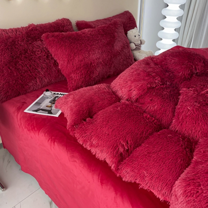 91家纺网 家纺一手货源 找家纺 邦妮家纺 2024新款云貂绒纯色四件套 红色