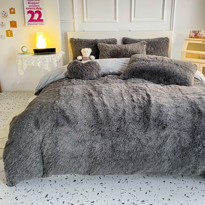 91家纺网 家纺一手货源 找家纺 邦妮家纺 2024新款云貂绒纯色四件套 灰色