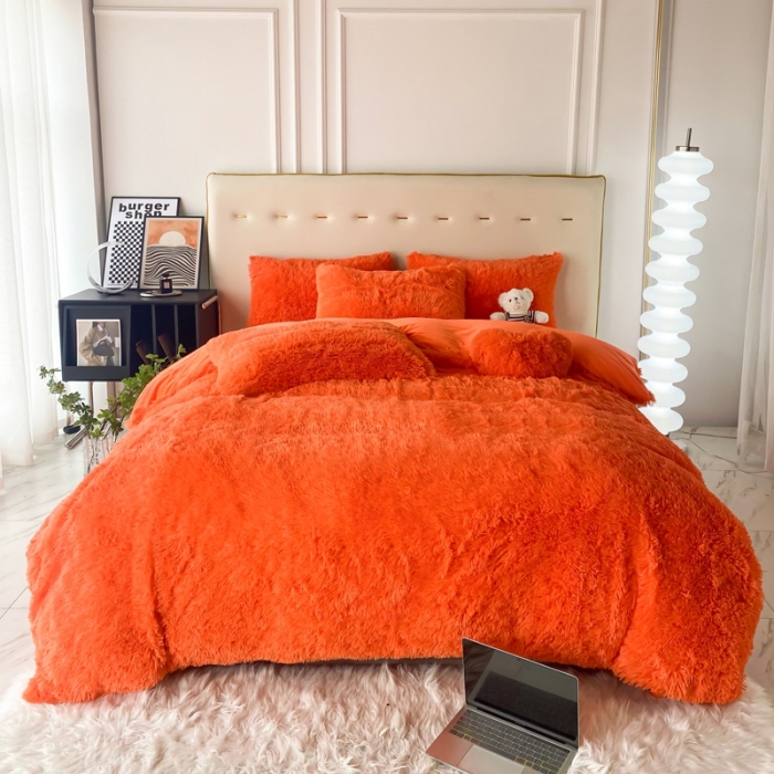 91家纺网 家纺一手货源 找家纺 邦妮家纺 2024新款云貂绒纯色四件套 桔色