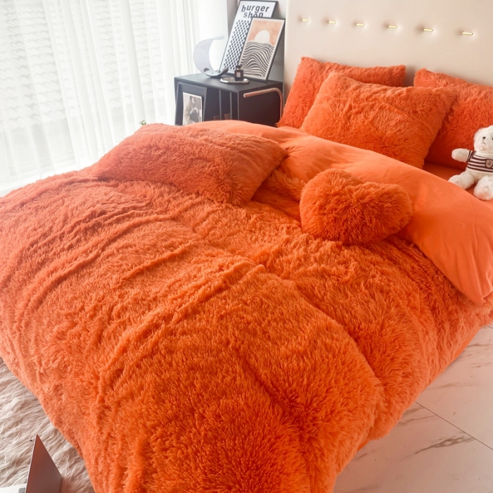 91家纺网 家纺一手货源 找家纺 邦妮家纺 2024新款云貂绒纯色四件套 桔色