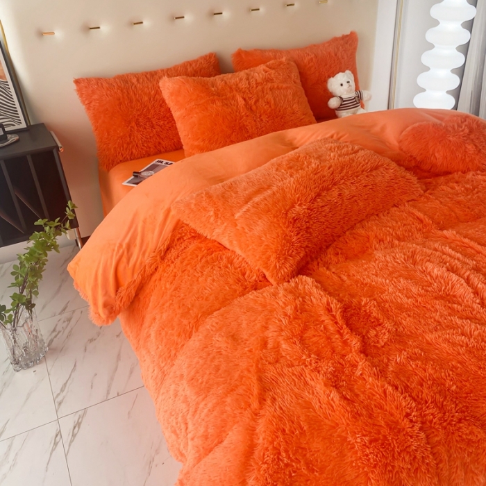 91家纺网 家纺一手货源 找家纺 邦妮家纺 2024新款云貂绒纯色四件套 桔色