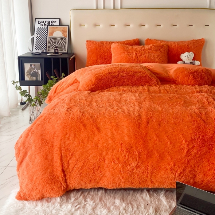 91家纺网 家纺一手货源 找家纺 邦妮家纺 2024新款云貂绒纯色四件套 桔色