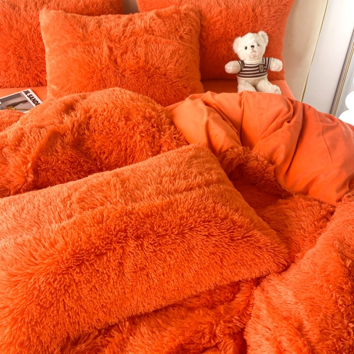 91家纺网 家纺一手货源 找家纺 邦妮家纺 2024新款云貂绒纯色四件套 桔色