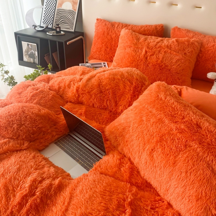 91家纺网 家纺一手货源 找家纺 邦妮家纺 2024新款云貂绒纯色四件套 桔色