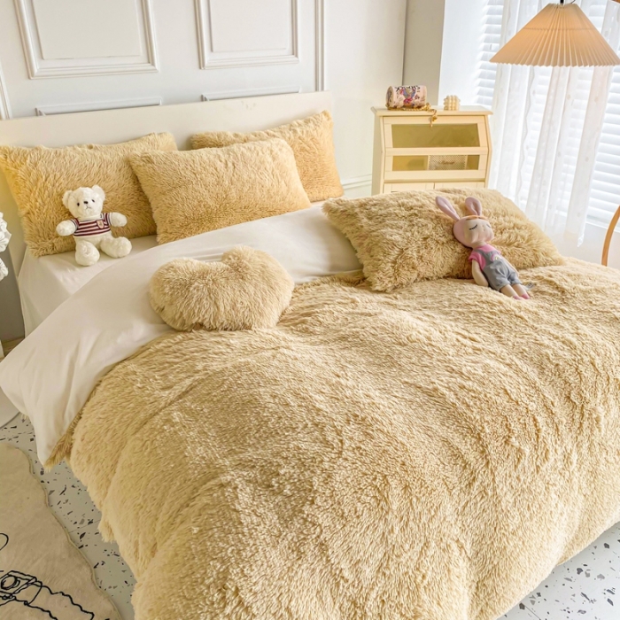 91家纺网 家纺一手货源 找家纺 邦妮家纺 2024新款云貂绒纯色四件套 卡其