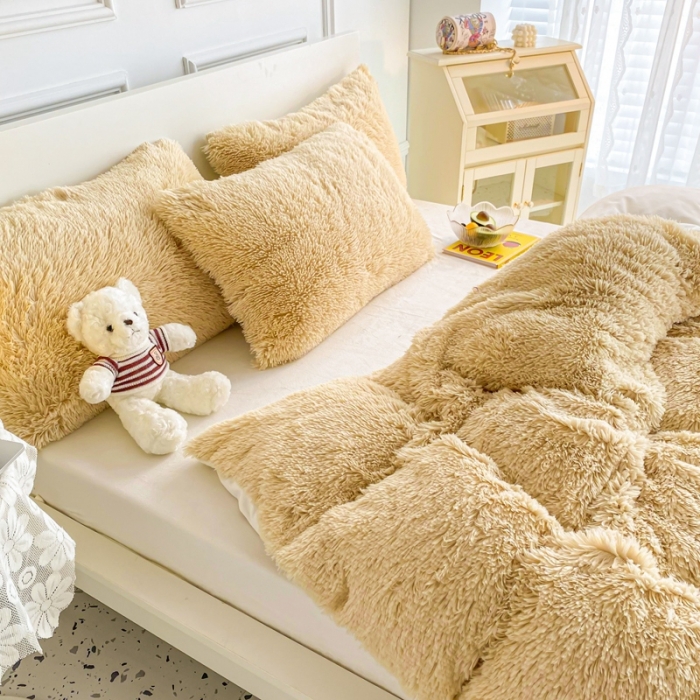 91家纺网 家纺一手货源 找家纺 邦妮家纺 2024新款云貂绒纯色四件套 卡其