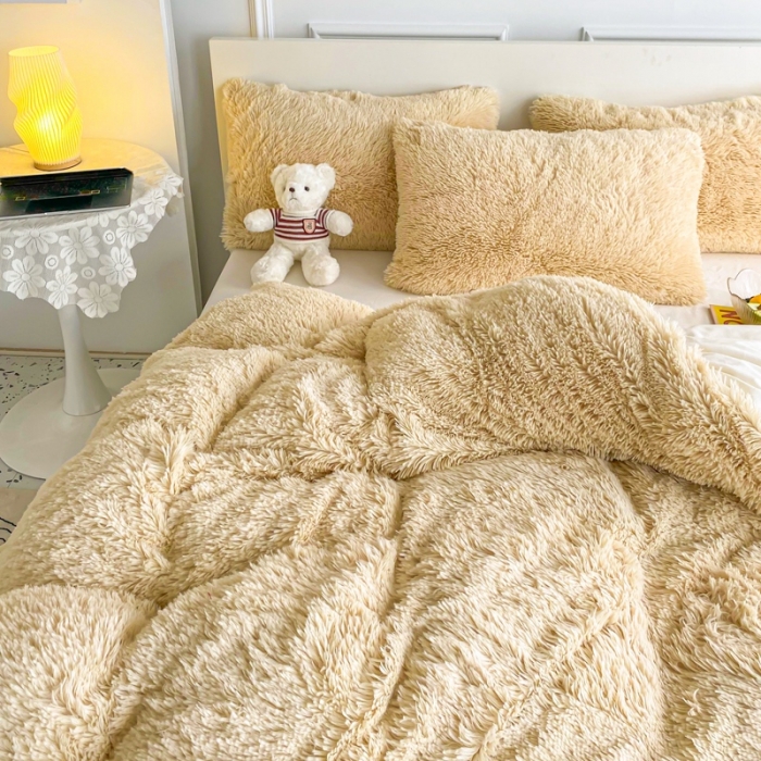 91家纺网 家纺一手货源 找家纺 邦妮家纺 2024新款云貂绒纯色四件套 卡其