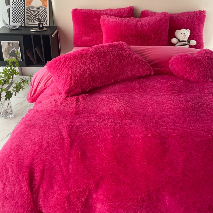 91家纺网 家纺一手货源 找家纺 邦妮家纺 2024新款云貂绒纯色四件套 玫红