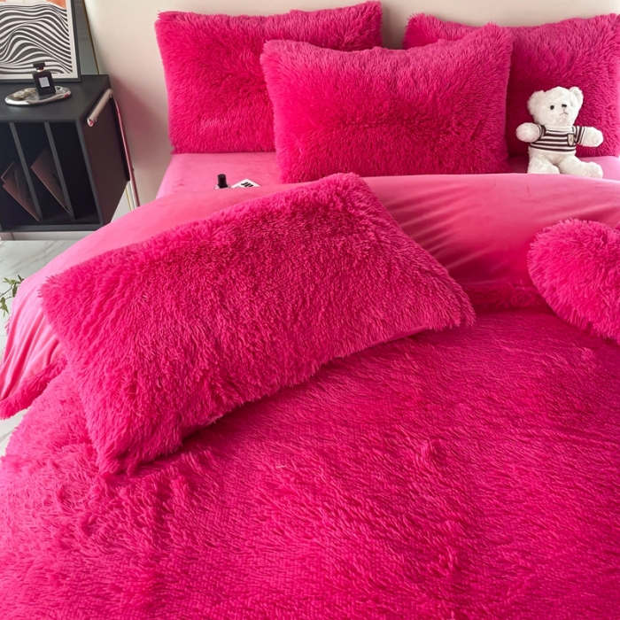 91家纺网 家纺一手货源 找家纺 邦妮家纺 2024新款云貂绒纯色四件套 玫红