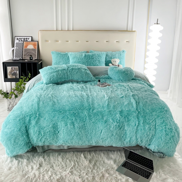 91家纺网 家纺一手货源 找家纺 邦妮家纺 2024新款云貂绒纯色四件套 天蓝