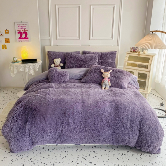 91家纺网 家纺一手货源 找家纺 邦妮家纺 2024新款云貂绒纯色四件套 烟灰紫